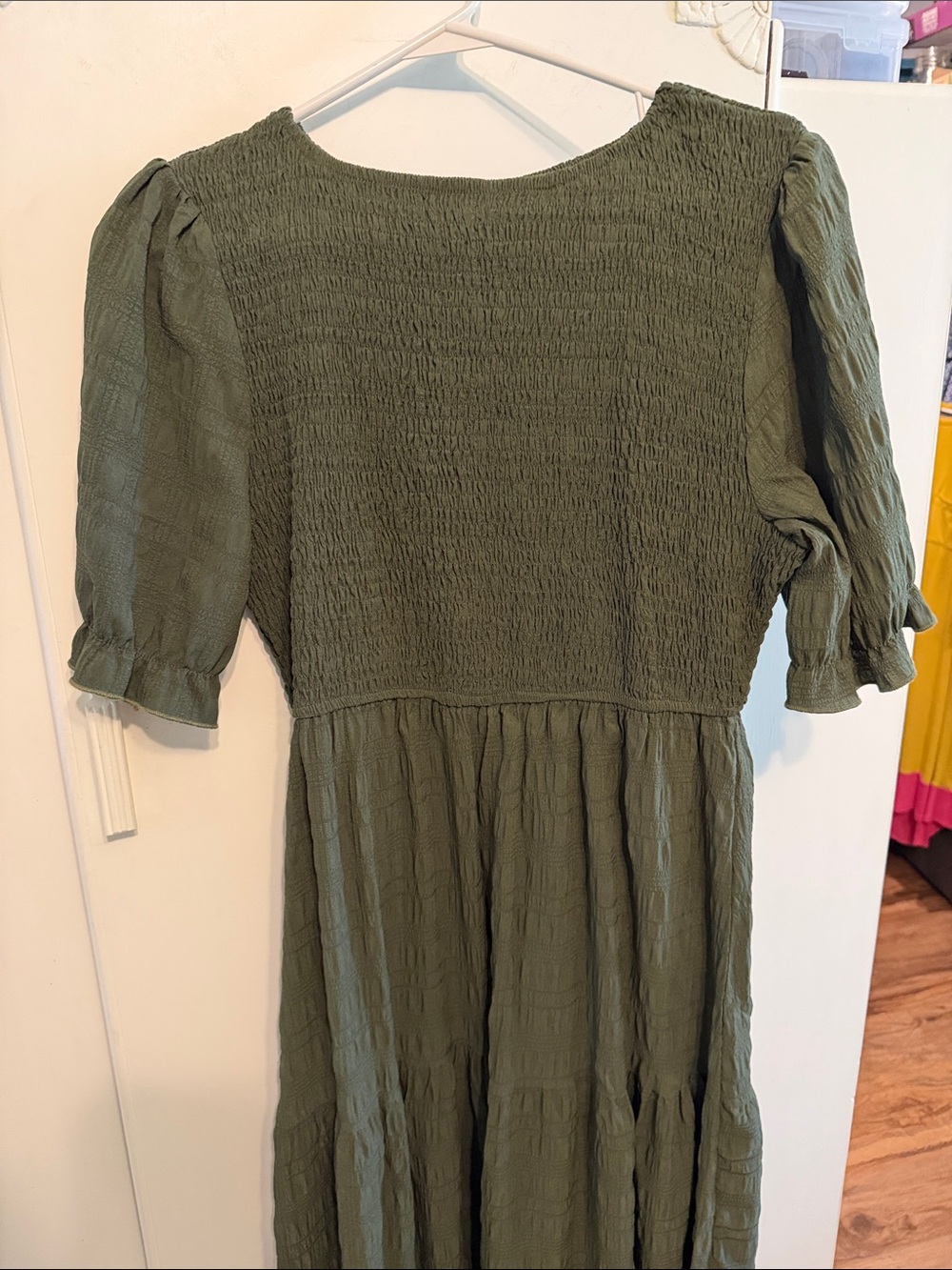 SHEIN Olive Green Midi Dress with Puff Sleeves